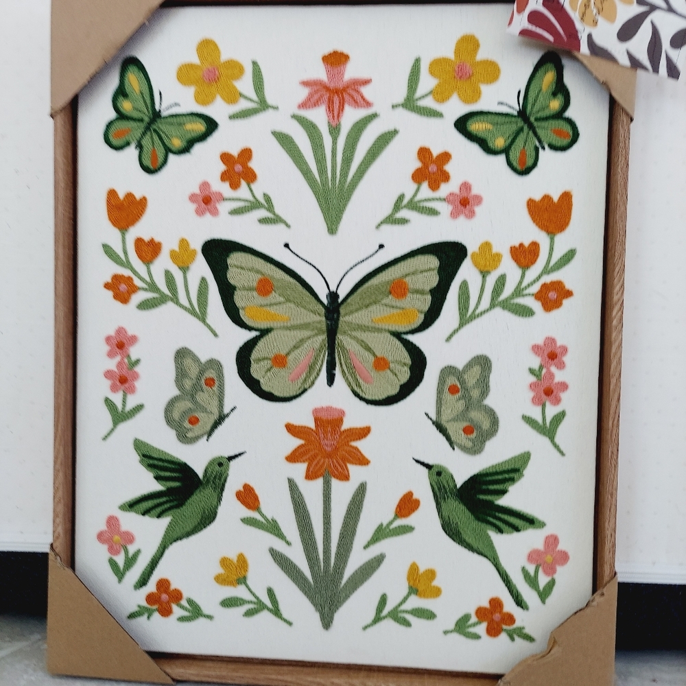 NIP BP Home 16.5" X 20" Textile Wall Art Green Birds And Butterflies.